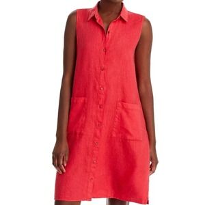 Eileen Fisher Garment Dyed Red Organic Linen Sleeveless Shirt Dress Size XL